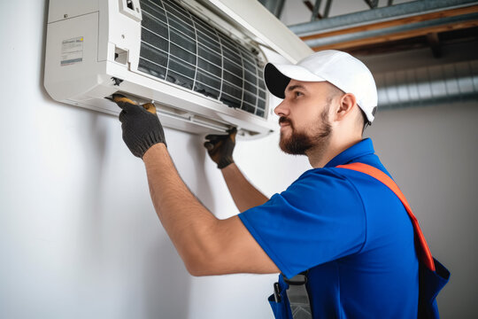 HVAC technician installing a mini split air conditioner in Redwood City