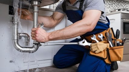 Plumber repairing pipes beneath a sink in Redwood City